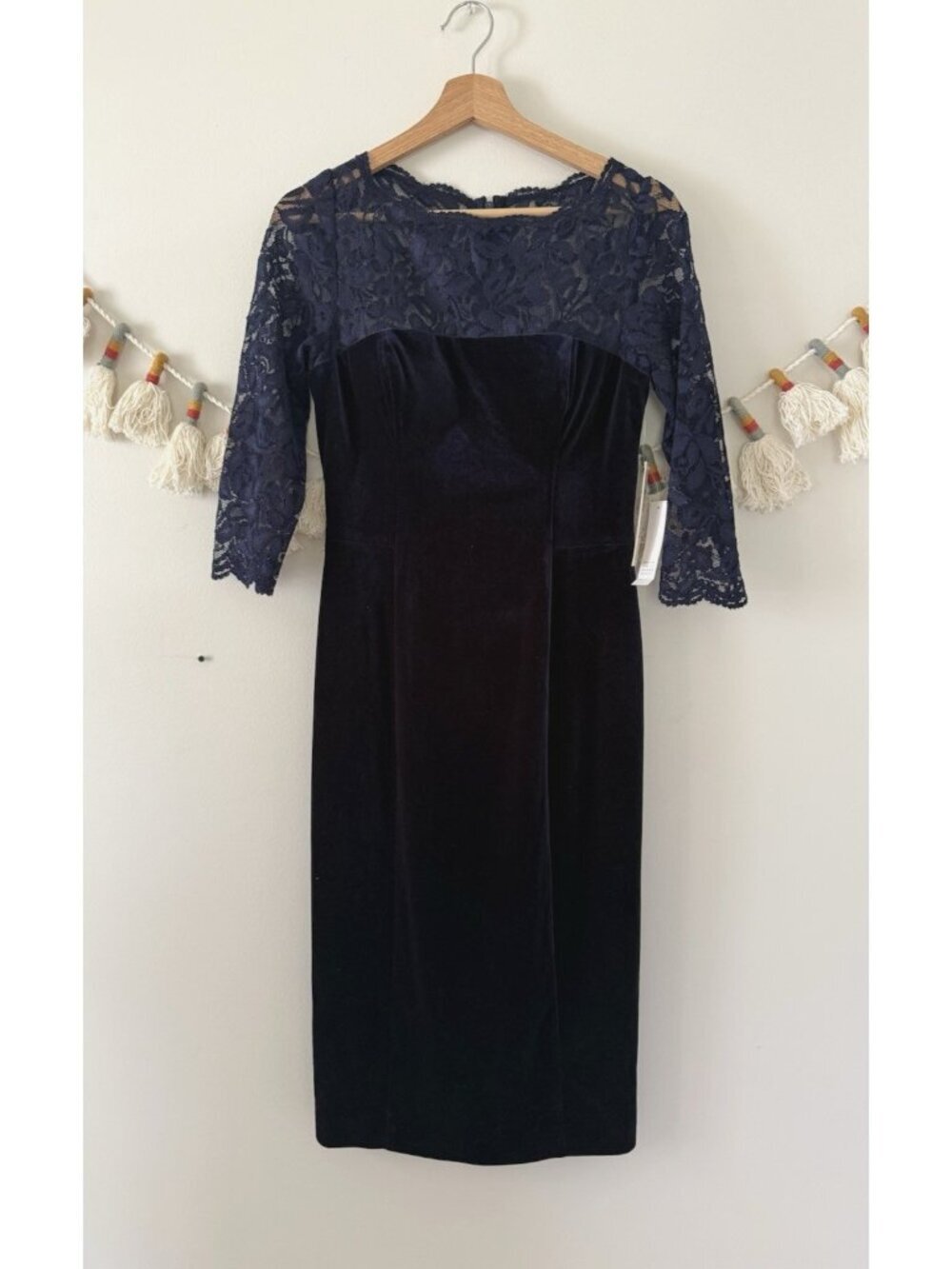 Eliza J Navy Velvet Lace Scalloped Yoke Sheath Midi Dress Evening Cocktail NWT 6